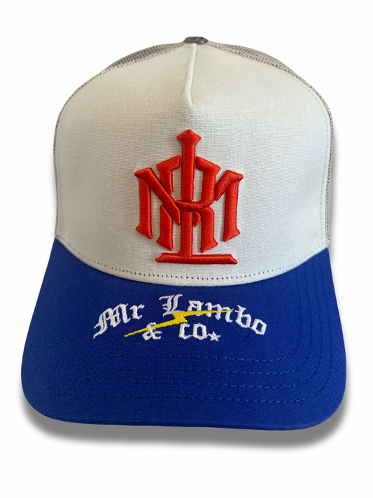 Mr Lambo & co. Offwhite/Orange/Blue trucker cap