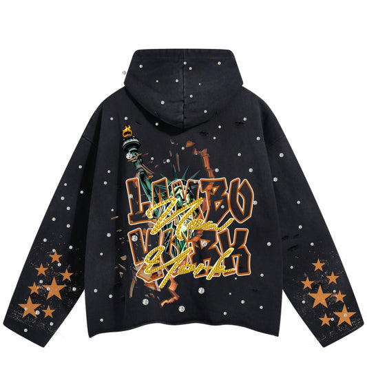 Lambo York Black Vintage Distressed Cropped Rhinestone Hoodie